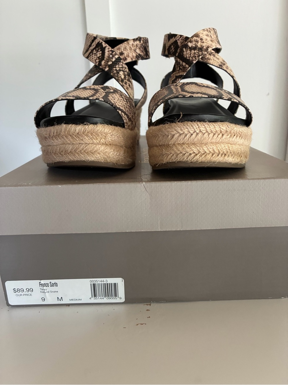 Franco Sarto Snake-Print Espadrille Wedge Sandals in Beige and Black